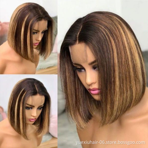 wholesale 100% Human Cuticle Aligned raw Virgin remy Hair Pre-Plucked  Brazilian Lace closure Front highlight Bob Wigs vendor